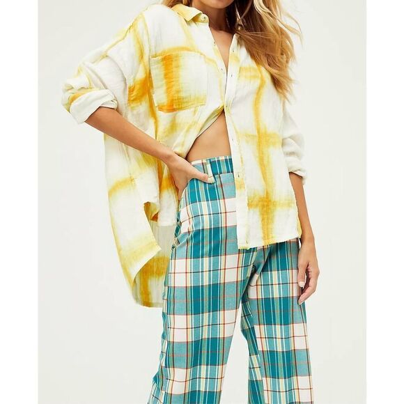 NWOT Free People We The Free Washed Away Yellow Oversized Plaid Button Up Top S - Picture 1 of 11